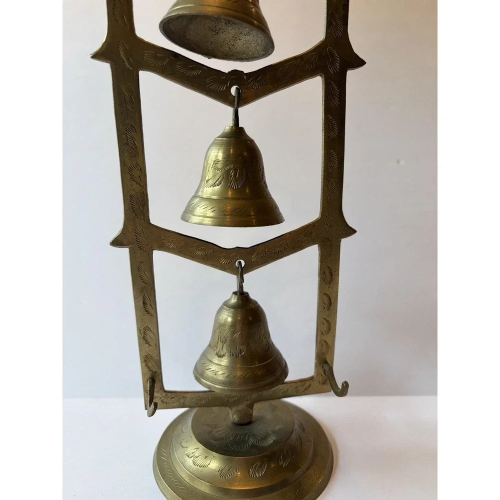 Vintage Brass Bell Tree 3 Etched Bells Stand Striker India Meditation Boho